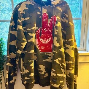 Camo Hoodie with Red Peace Sign